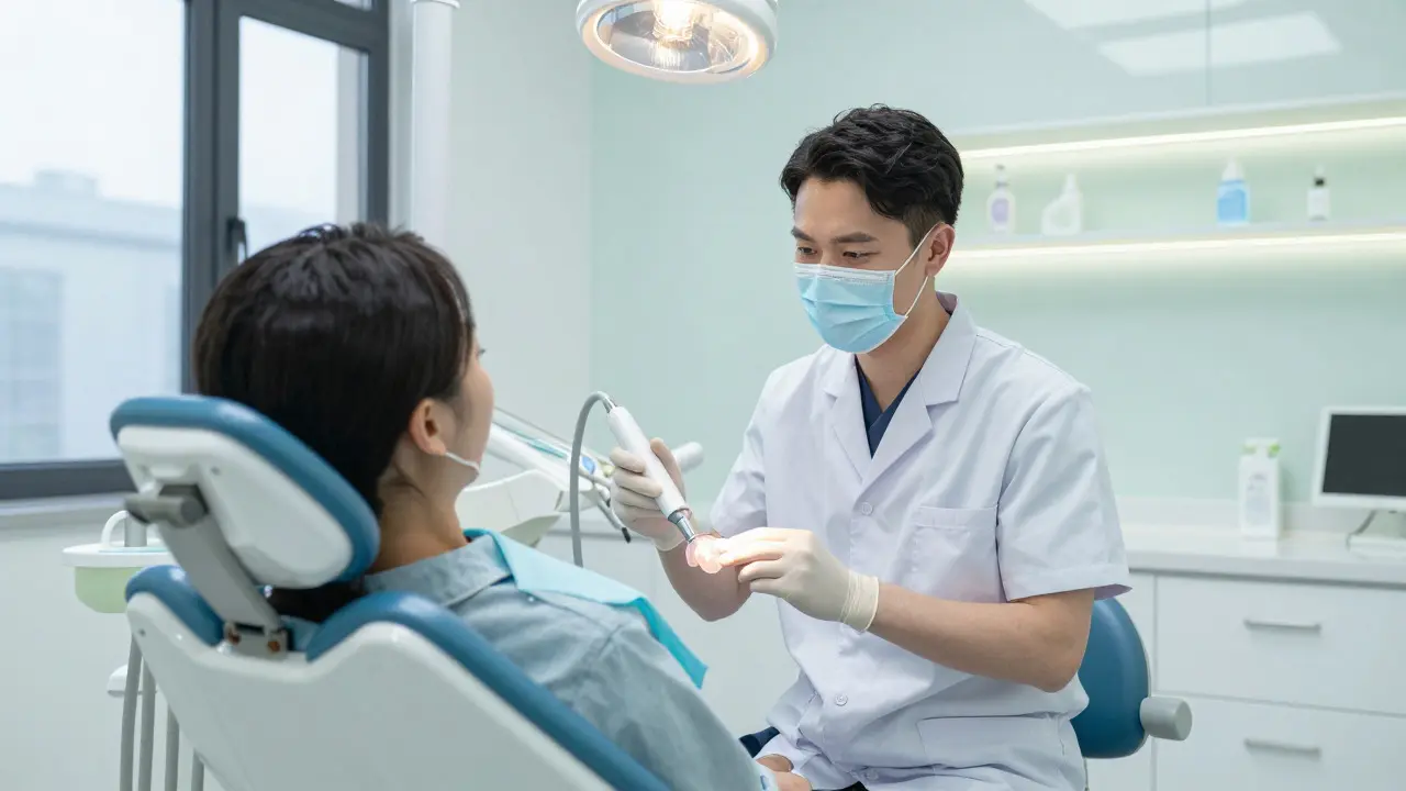 Moderní stomatologická klinika s pacientem při aplikaci terapie