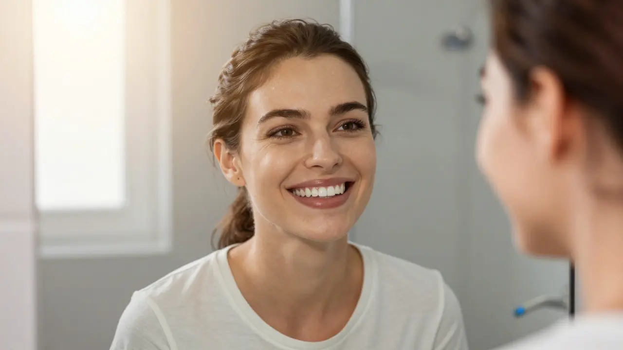 Person smiling confidently in a bathroom mirror after dental treatment
