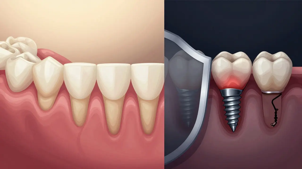 Srovnání zdravého implantátu a implantátu poškozeného zánětem dásní.
