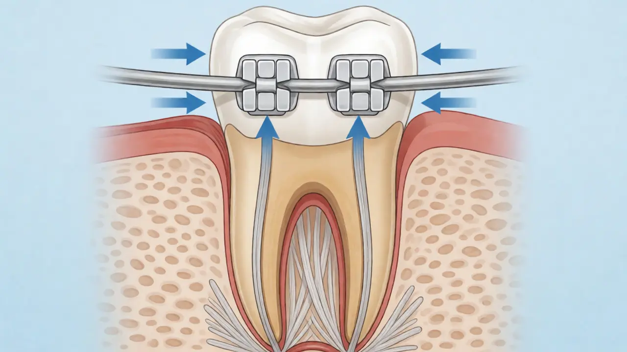 Anatomická ilustrace korekce rotace zubu drátem