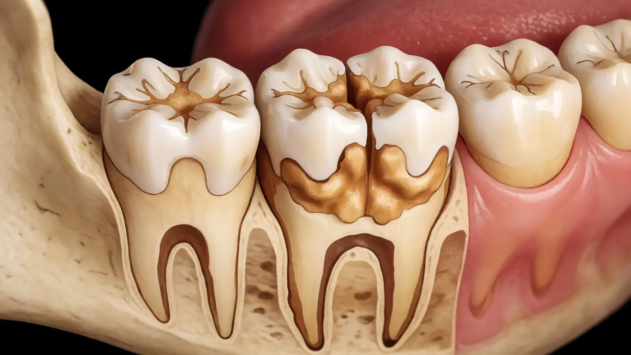 Anatomický řez čelistí ukazující moláry drtící ořech s viditelnými kořeny.