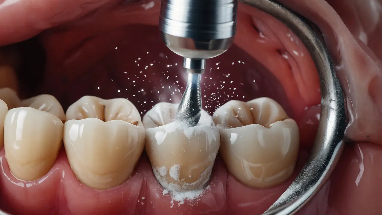 Detailní záběr na broušení zubu diamantovým nástavcem pod chirurgickým světlem.