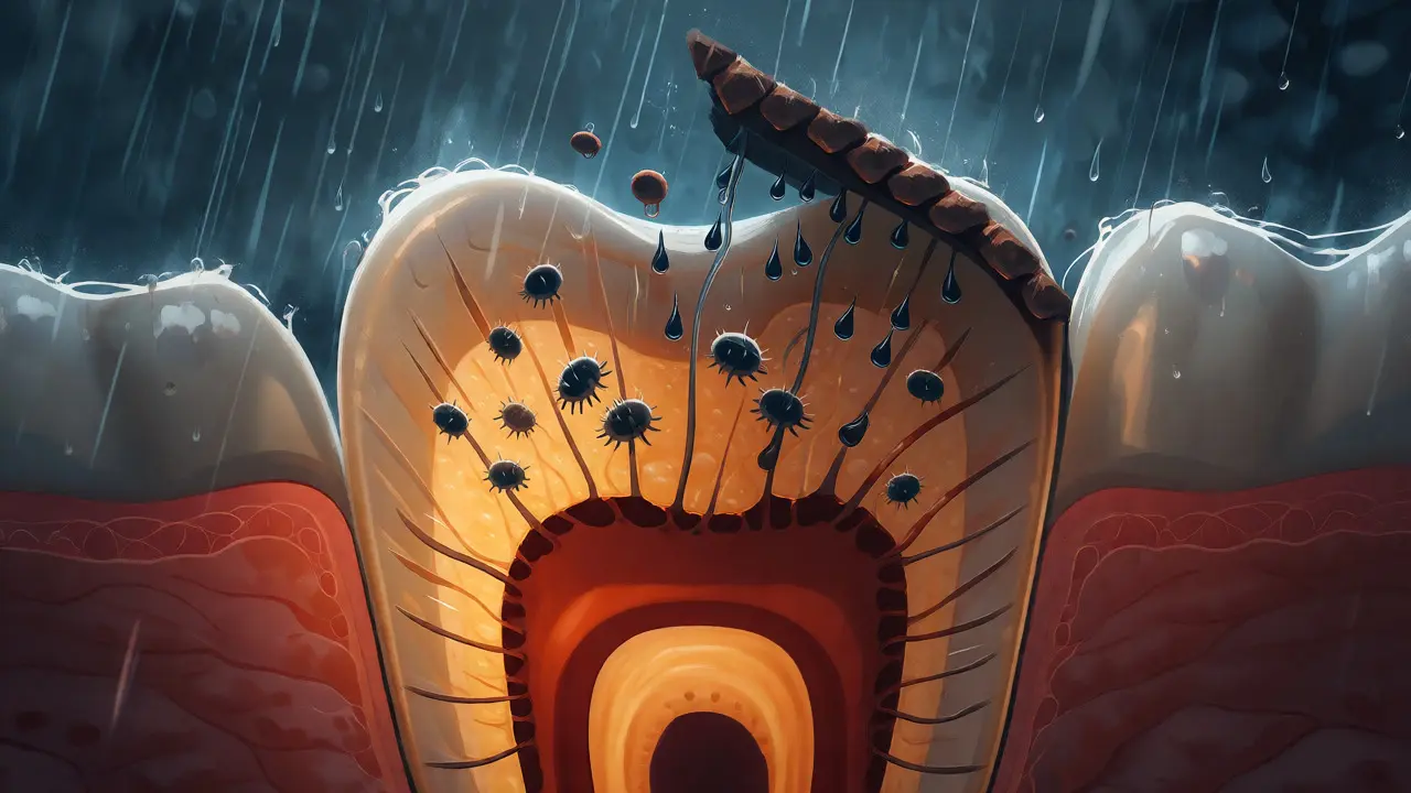 Ilustrace zubu jako domu bez střechy při dešti bakterií