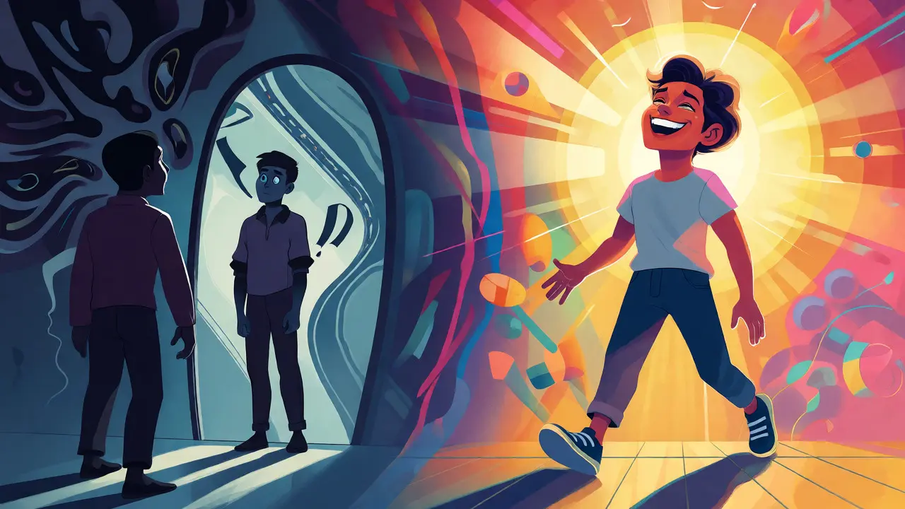 Konceptuální ilustrace přechodu od nejistoty k sebevědomí po léčbě