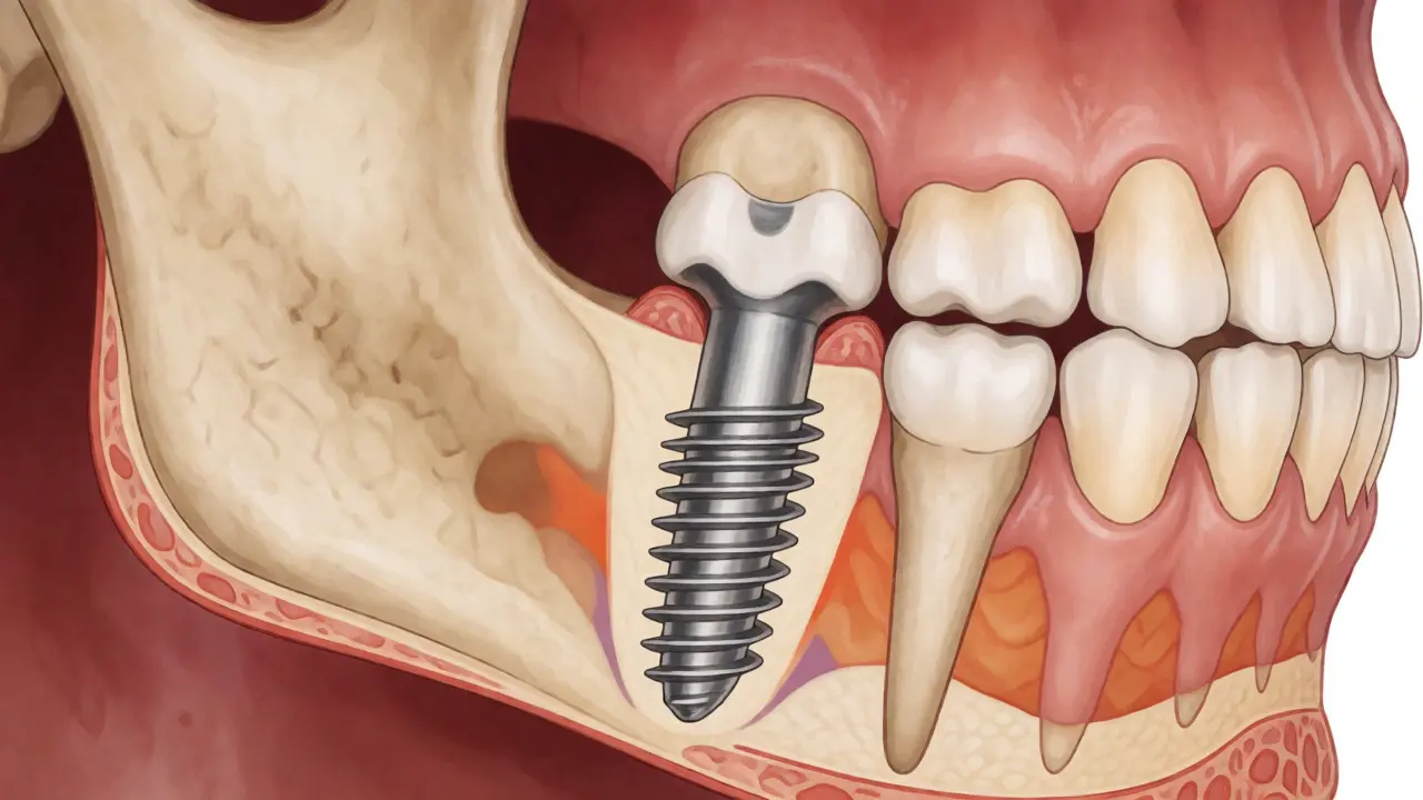 Lékařská ilustrace řezu čelistní kostí zobrazující titánový implantát a proces osseointegrace.