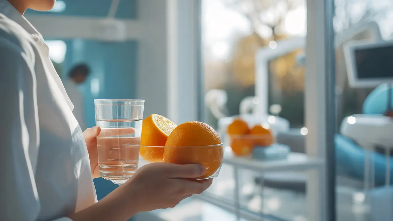 Osoba drží sklenici vody a pomeranče jako symbol hydratace a vitamínů pro hojení.