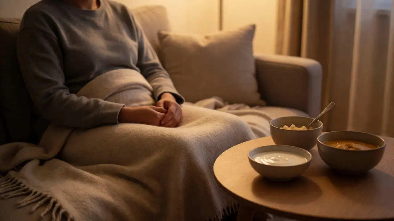 Pacient odpočívající na gauči s měkkým jídlem a relaxačními pomůckami během hojení implantátu.