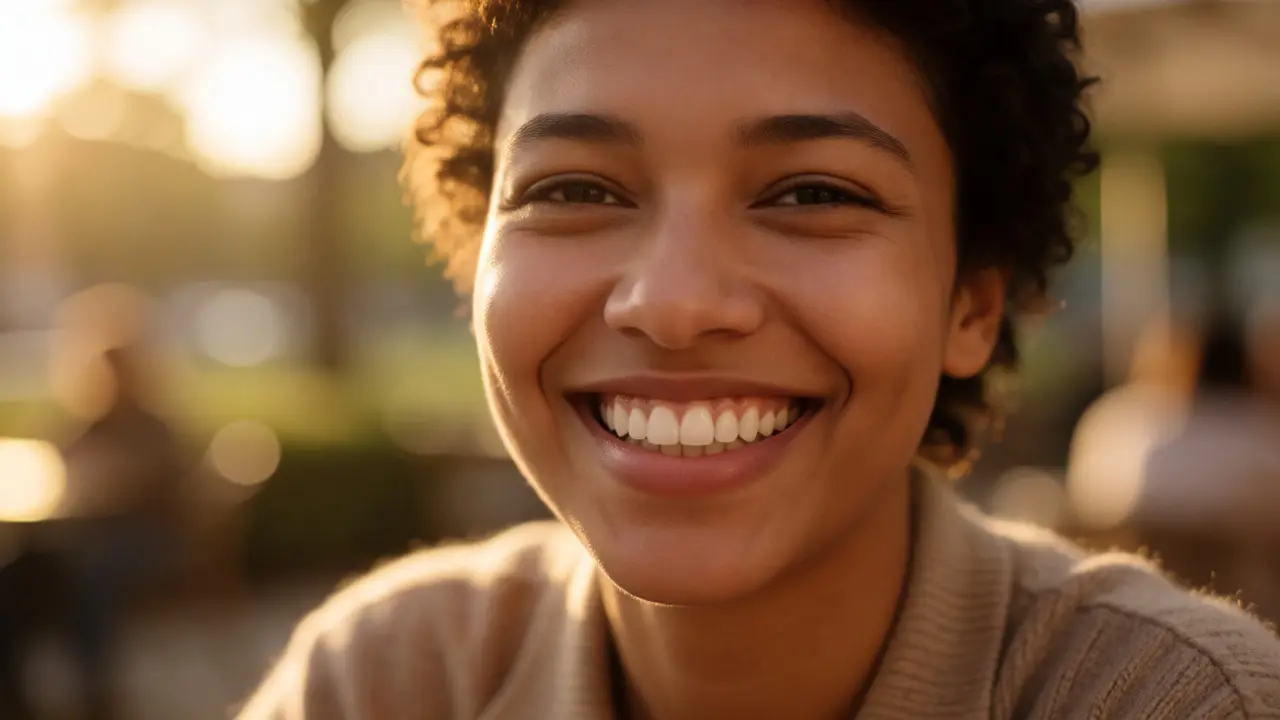 Person with a natural, healthy smile after getting dental veneers.