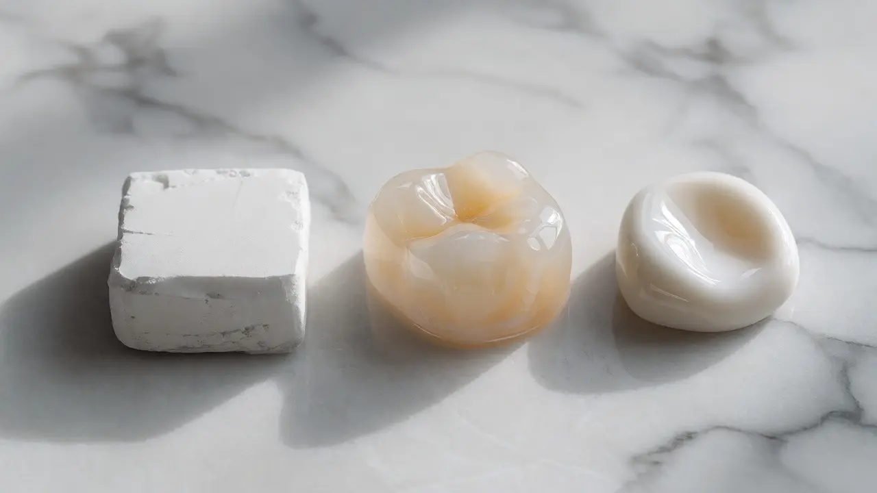 Porovnání tří typů dentálních materiálů: skloionomer, kompozit a keramika.