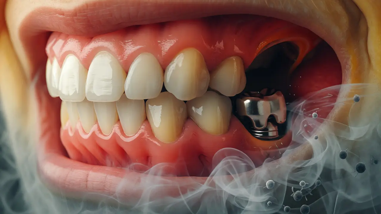 Surrealistická vizualizace zánětu dásní kolem implantátu způsobeného bakteriemi a kouřem.