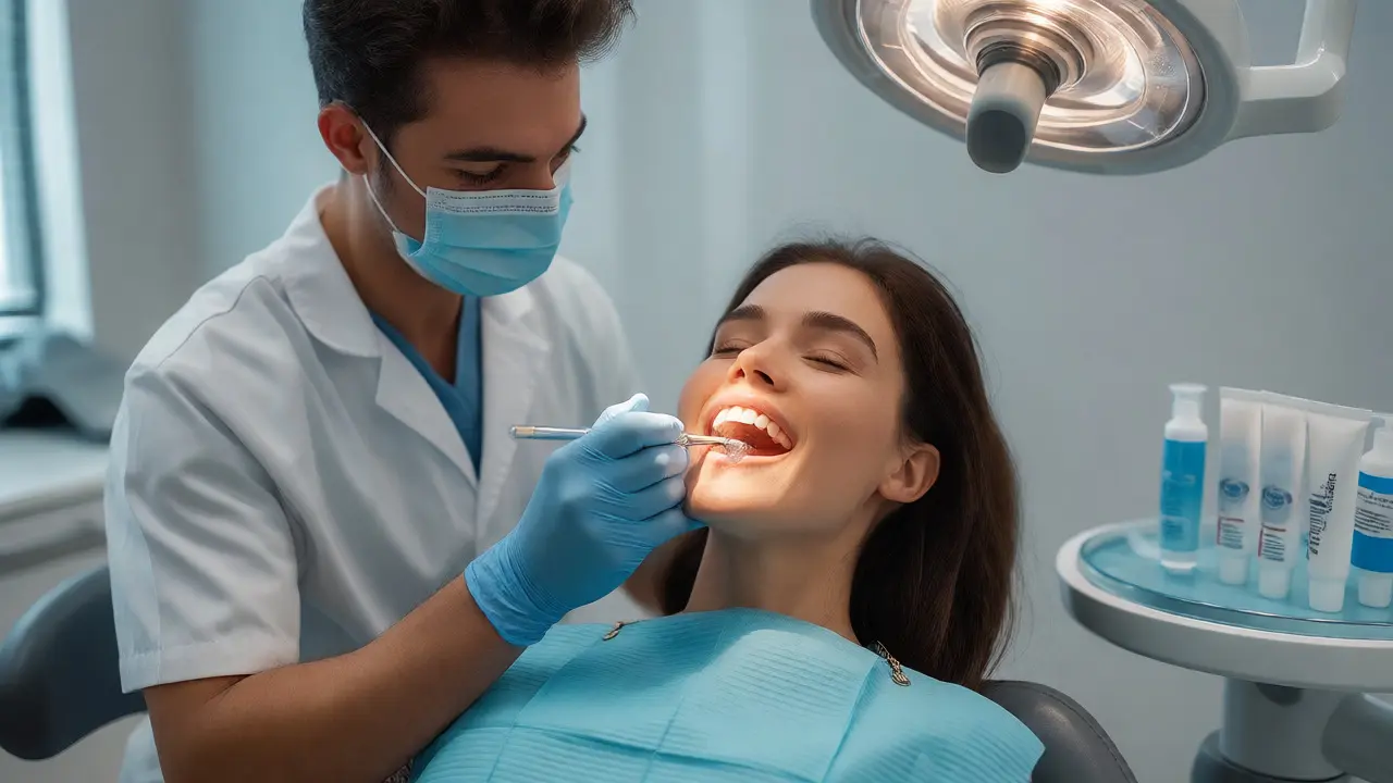 Zubař aplikuje fluoridový lak pro remineralizaci zubů