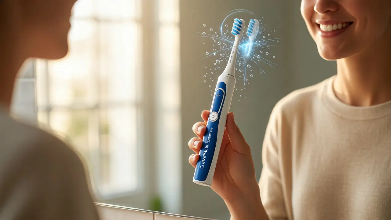 Člověk používající elektrický sonický kartáček Curaprox
