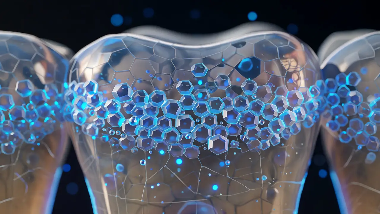 Ilustrace nano-hydroxyapatitu regenerujícího strukturu skloviny