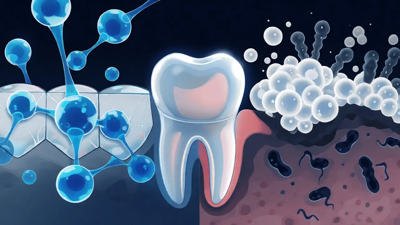 Konceptuální ilustrace působení fluoridu a peroxidu na zubní sklovinu a bakterie.