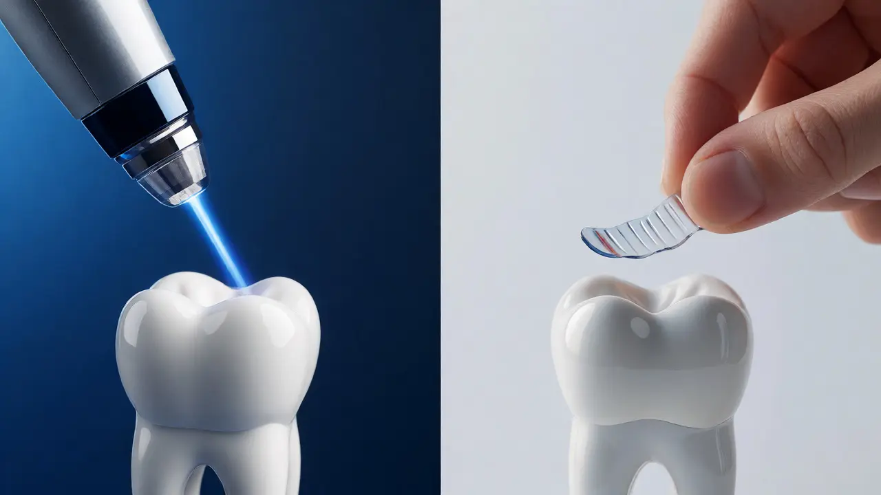 Konceptuální porovnání laserového bělení a domácích proužků