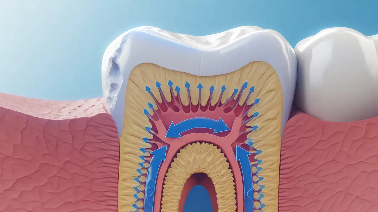 Medicínská ilustrace řezu zubem s viditelnými kanálky