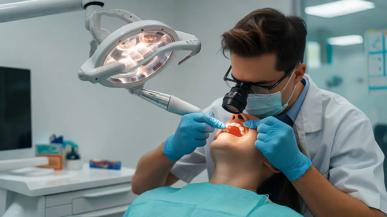 Zubař vyšetřuje zuby pacienta pomocí diagnostického světla