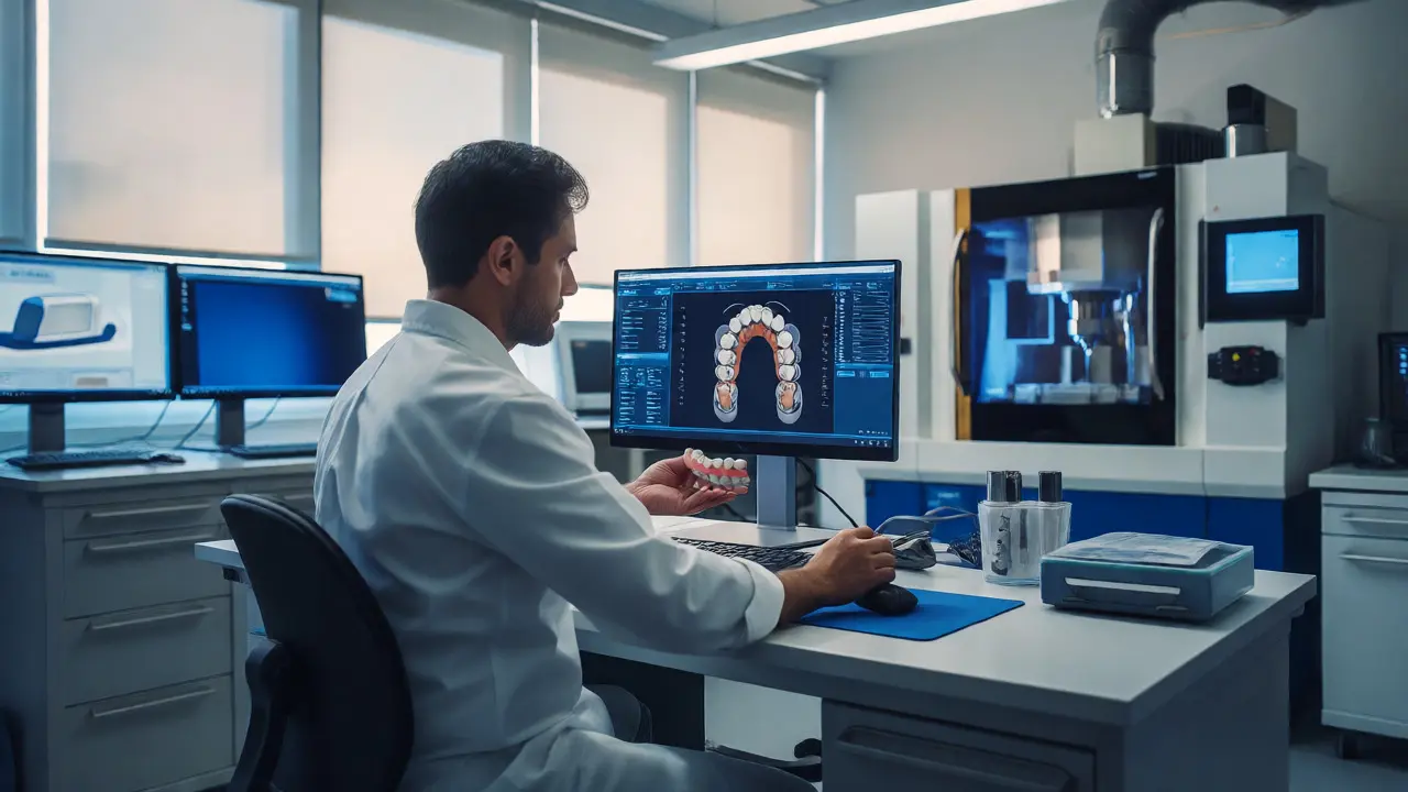 Zubní technik pracuje s CAD systémem a keramikou